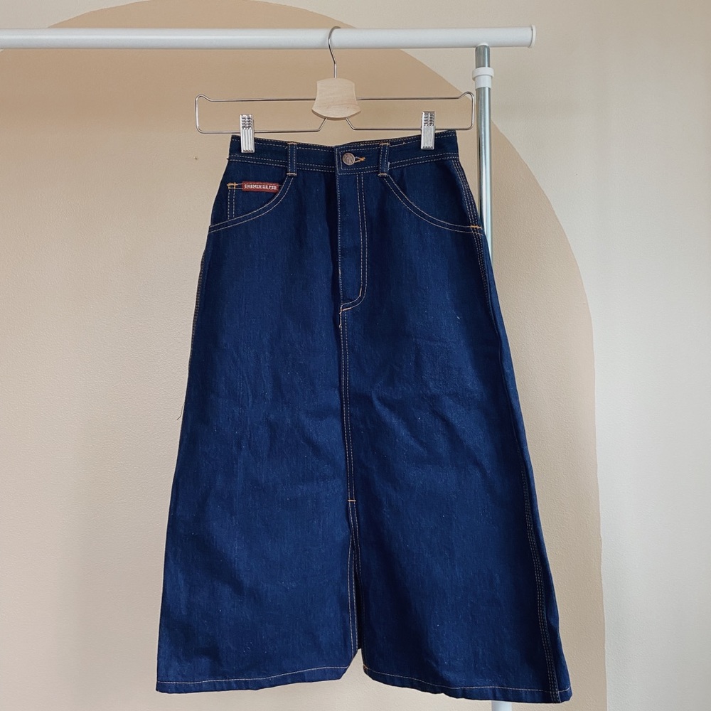 VINTAGE 70S CHEMIN DE FER DARK WASH LONG LINE DENIM SKIRT SIZE 7/8 XXS